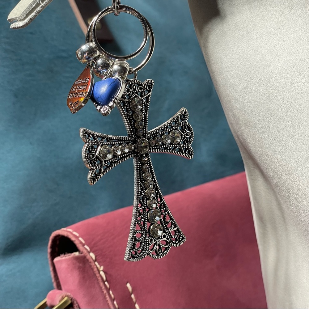 NEW Rhinestone Cross Bag Charm Keychain, Scripture, Portland Leather Compatible! - Picture 4 of 6